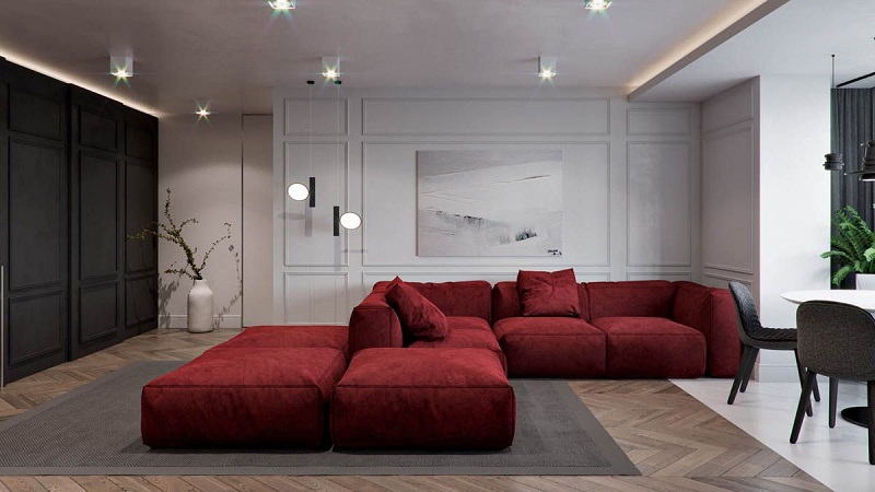 Mẫu thiết kế nội thất phòng khách nhà biệt thự với tông màu đỏ nổi bật.